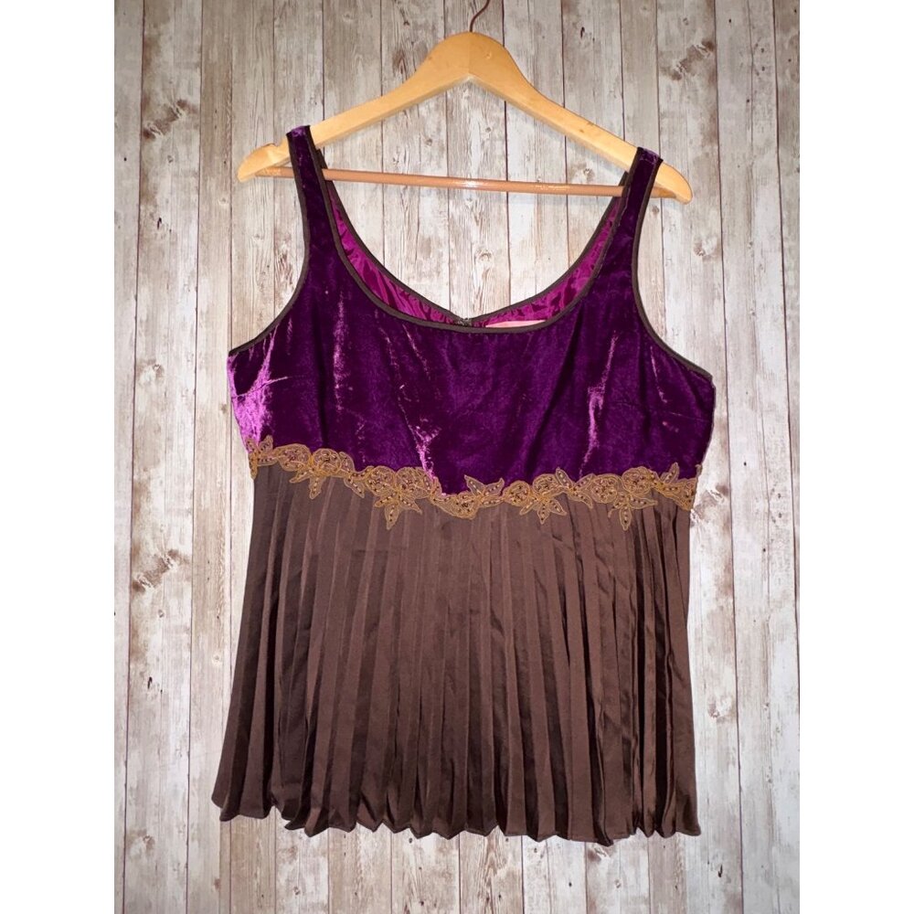 Bandolino Purple Velvet Brown Pleated Sleeveless Blouse Evening Top Size 14